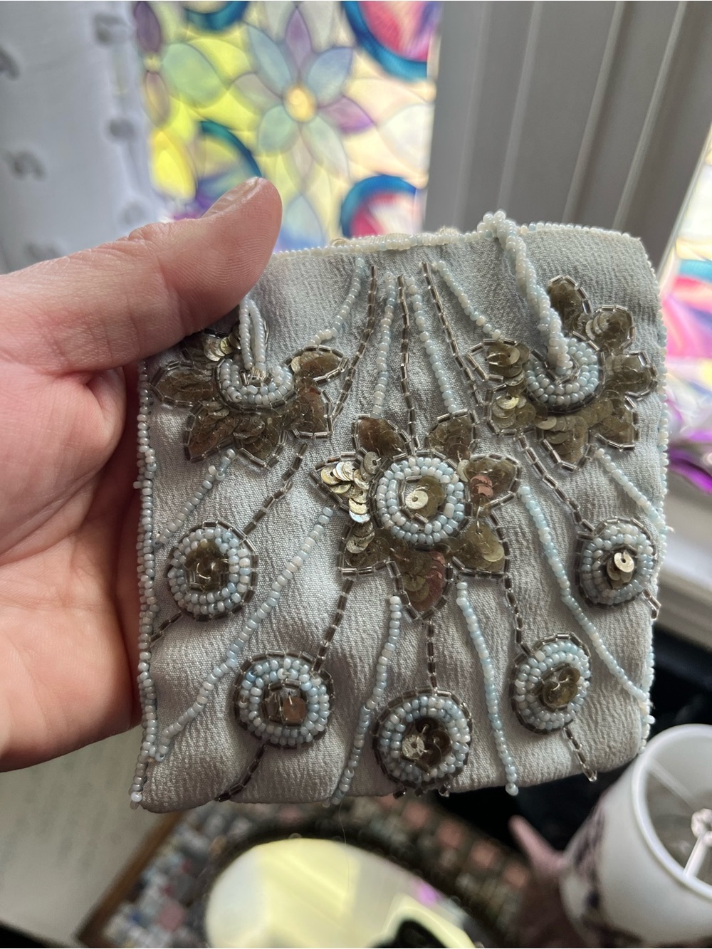 Vintage Art Deco Embellished Beaded and Sequinned Baby Blue Pouch